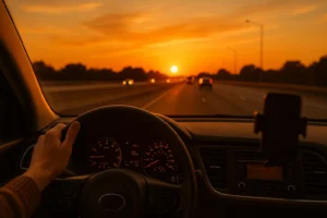 View from the driver’s seat of a car at sunset on an open highway.