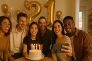 Young adults celebrating a 21st birthday with “21” balloons, cake, and phones out for Instagram photos in a cozy apartment.