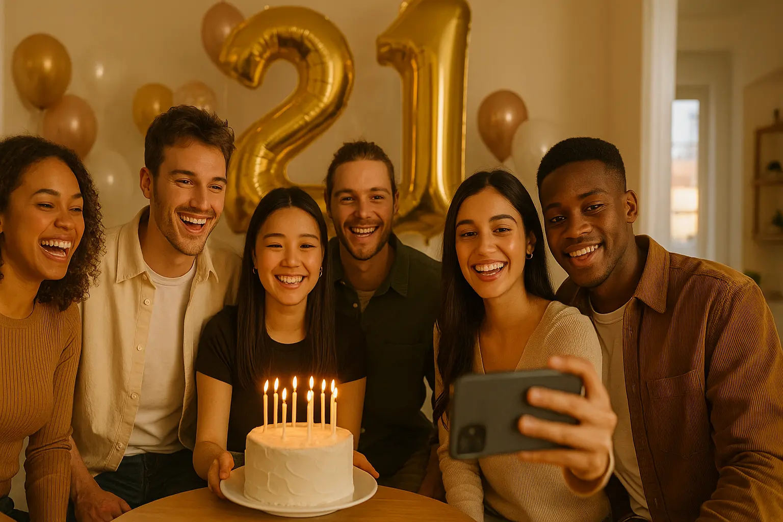 Young adults celebrating a 21st birthday with “21” balloons, cake, and phones out for Instagram photos in a cozy apartment.