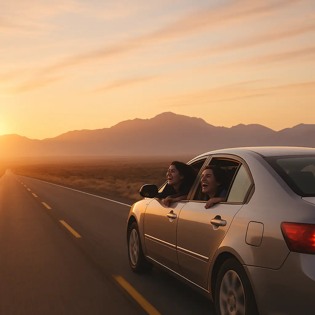 Friends in a car driving down an open highway at sunrise, laughing together on a road trip.