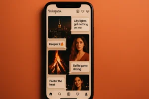 Smartphone showing a bright Instagram feed with fiery photos and text bubbles full of bold fire-style captions.