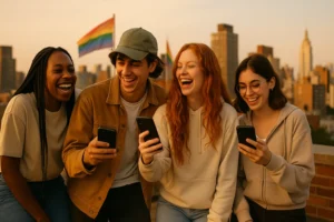 Straight friends laughing together on a city rooftop at sunset while posing for social media photos.