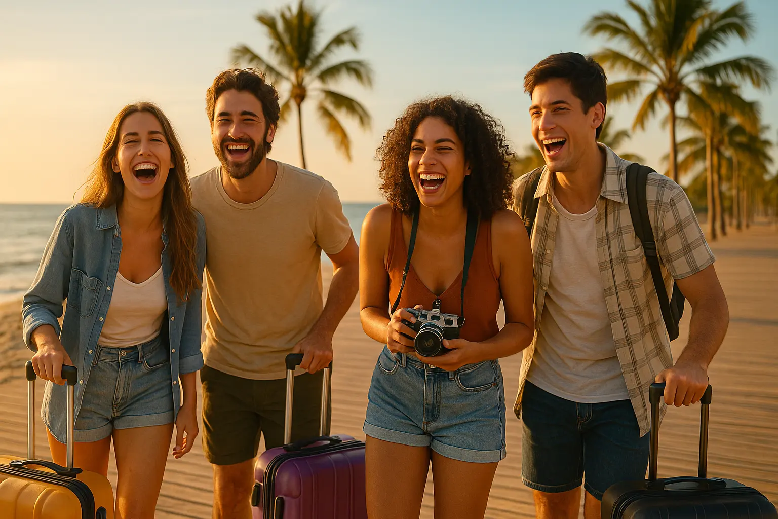 Group of friends laughing with suitcases on a sunny beach boardwalk during vacation.