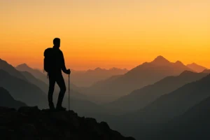 Hiker standing on a mountain ridge at sunrise, looking over layered peaks and glowing sky.