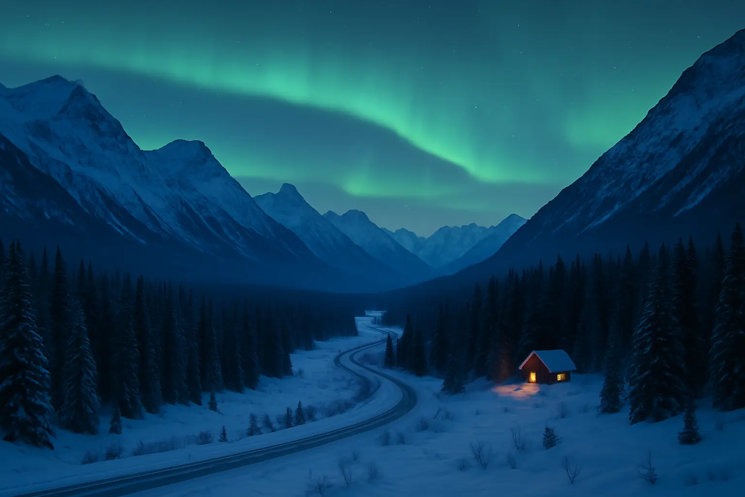 Snowy Alaska mountains and pine forest at dusk with Northern Lights glowing over a small lit cabin and winding road.