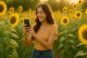Young woman taking photos in a tall sunflower field at golden hour.