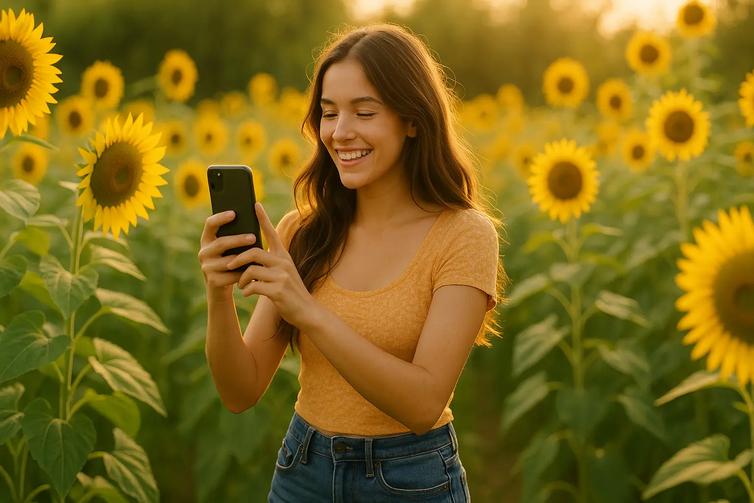Young woman taking photos in a tall sunflower field at golden hour.