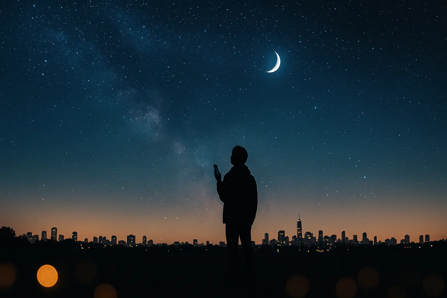 Person looking up at a starry night sky with a glowing moon above a softly lit city.