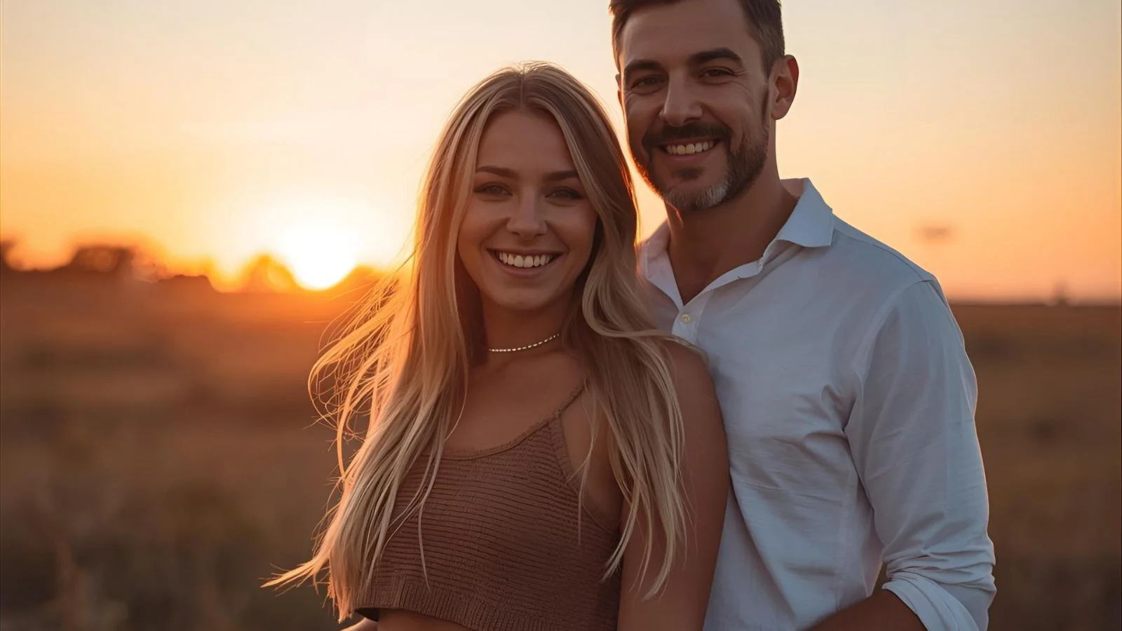 Confident wife posing at sunset with supportive partner.