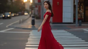 Confident woman in a red dress walking through a city at sunset, perfect for red-themed social media caption ideas.