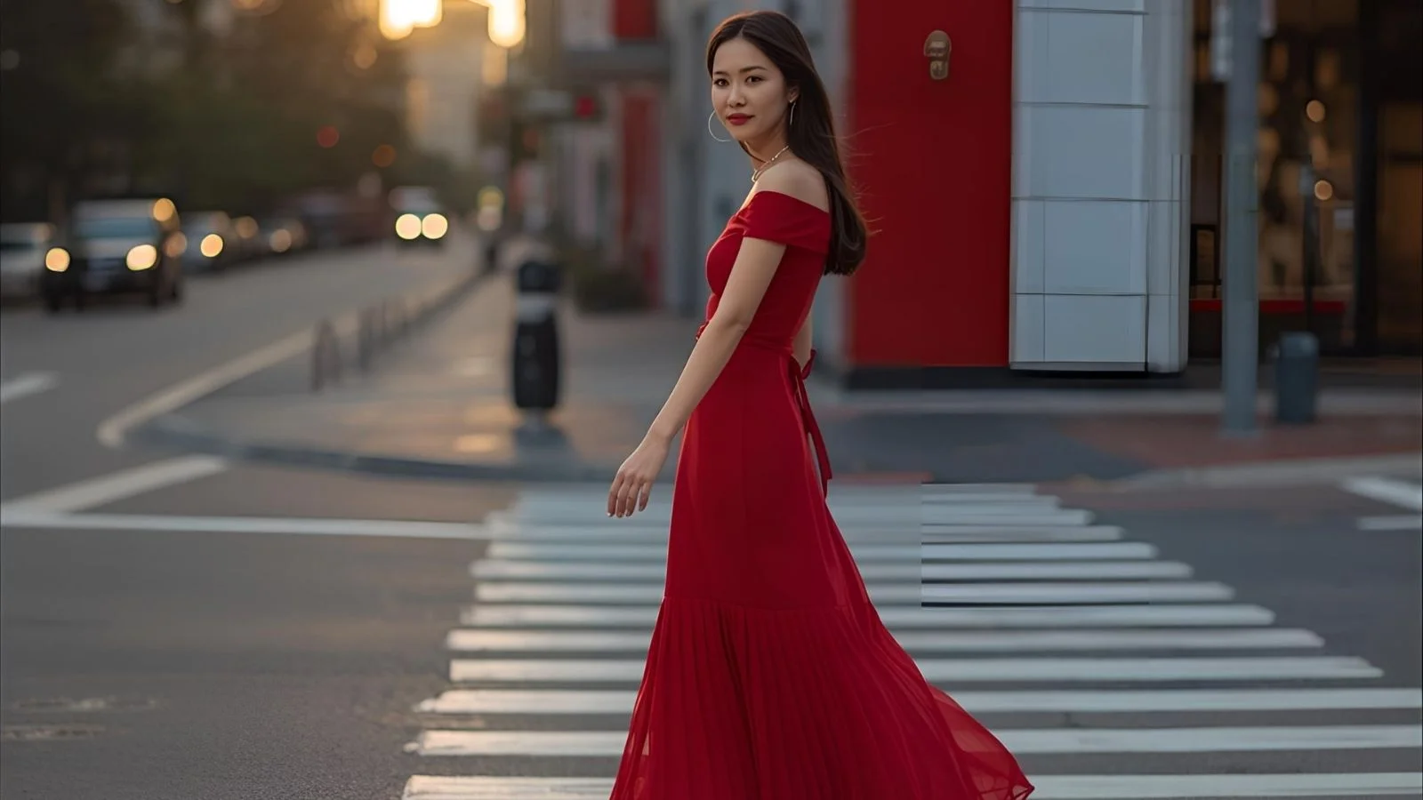 Confident woman in a red dress walking through a city at sunset, perfect for red-themed social media caption ideas.