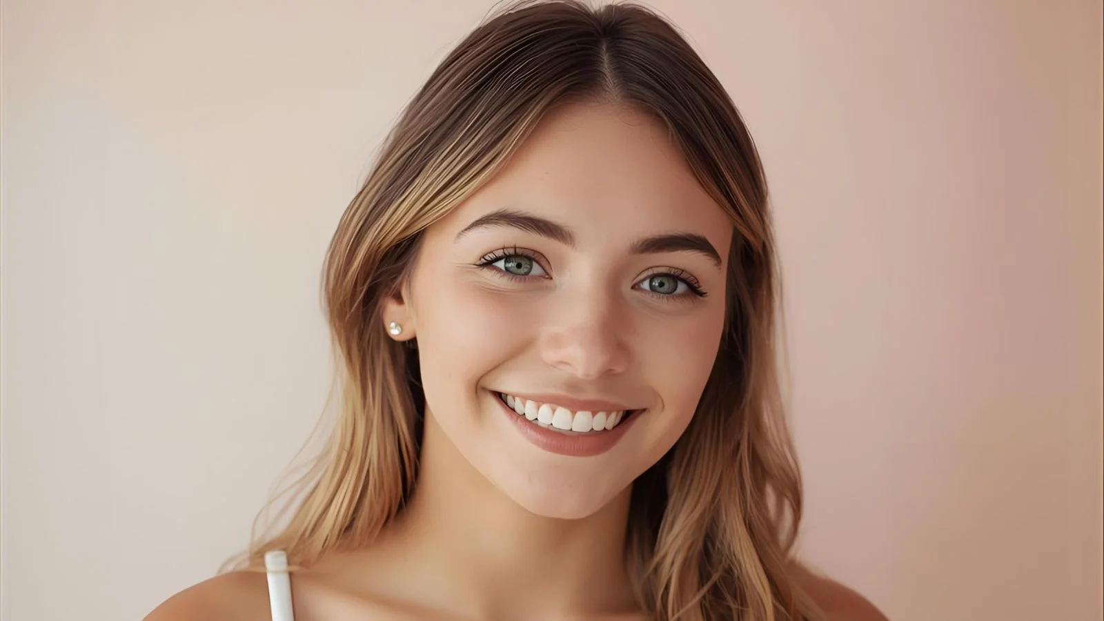 Smiling woman against pastel backdrop with confident, modest vibe.
