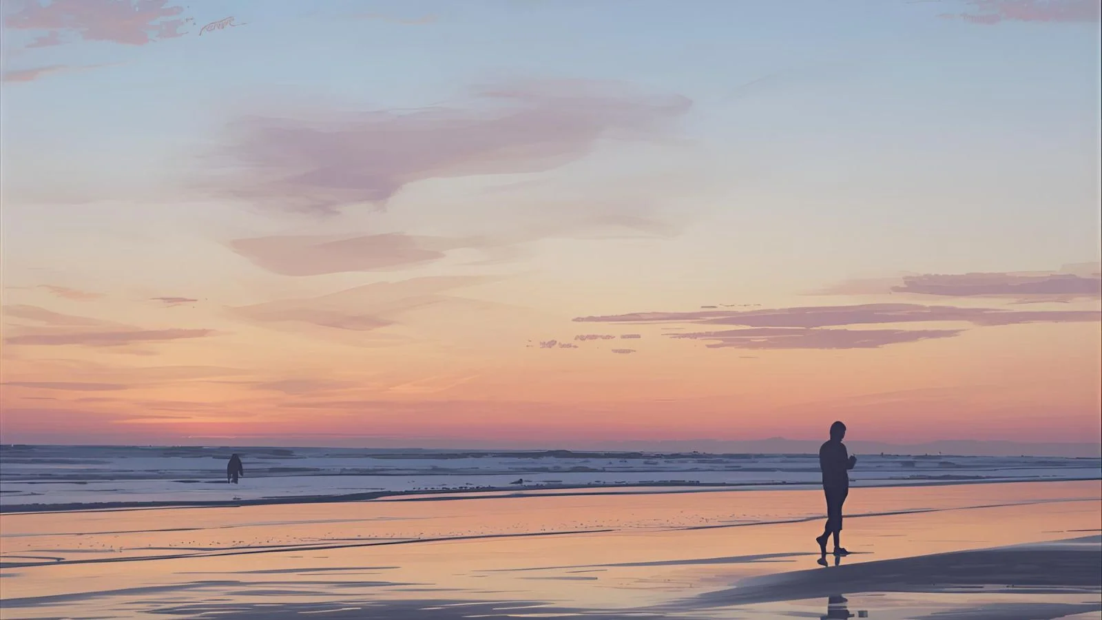 Person photographing a pastel sunset on a calm beach at golden hour.