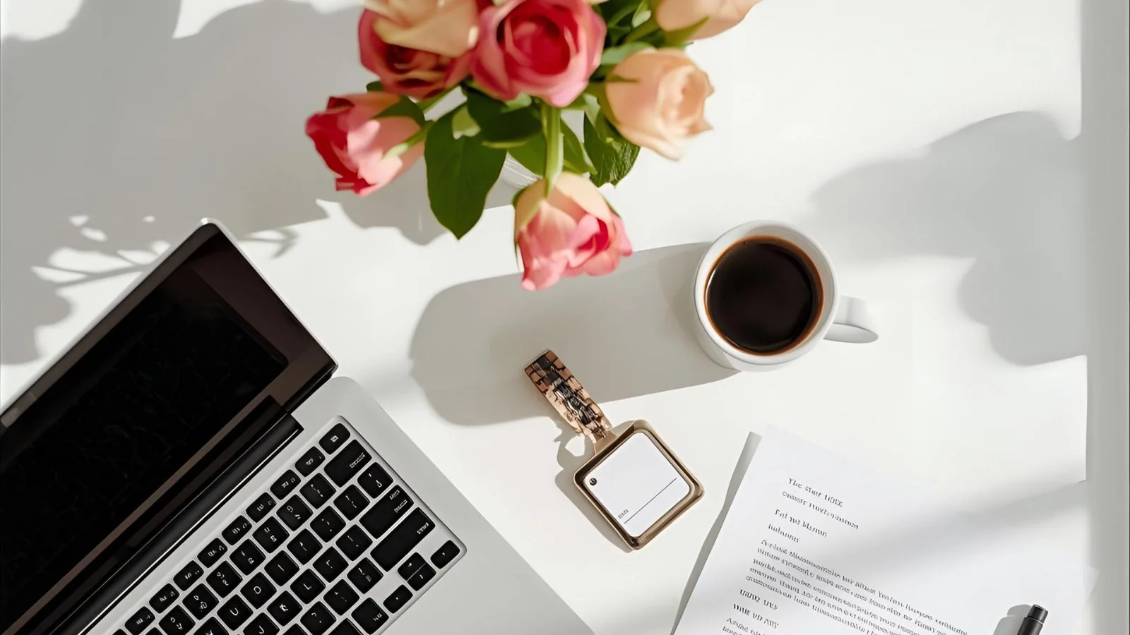 Desk flat-lay with laptop, coffee, and offer letter for a new job announcement.