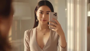 Confident stylish person posing for an Instagram photo in a sleek outfit, giving a flirty yet classy vibe.