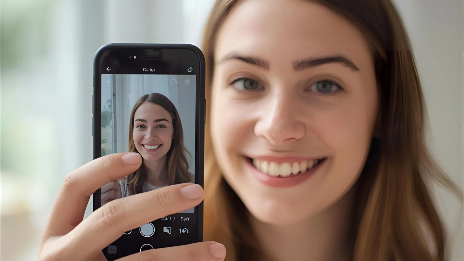 Person editing a Snapchat caption over a selfie on a phone.