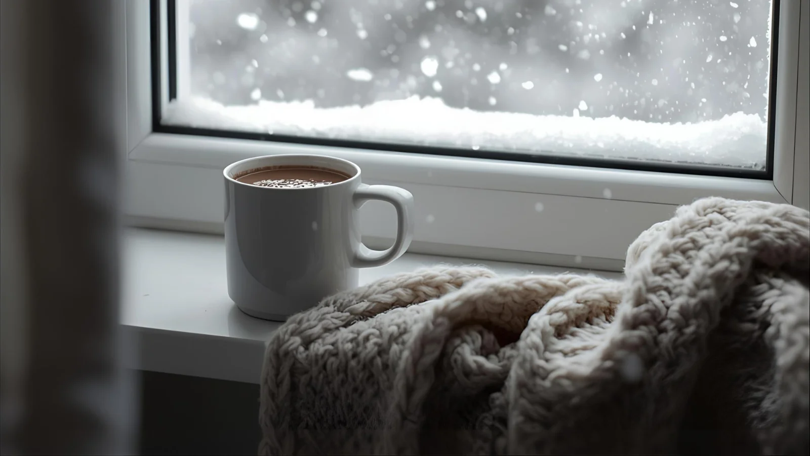 Mug and blanket by a snowy window for cozy winter captions.