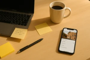 Modern office desk with laptop, coffee, and Instagram caption draft.