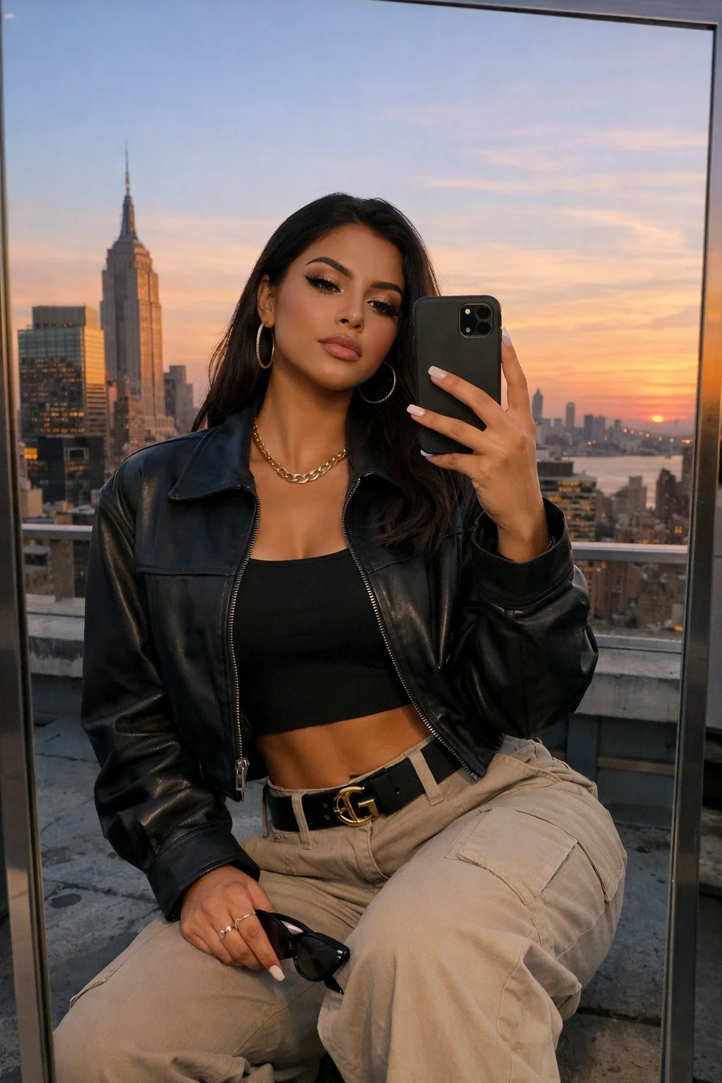 Stylish person taking a rooftop selfie at sunset with a city skyline behind.