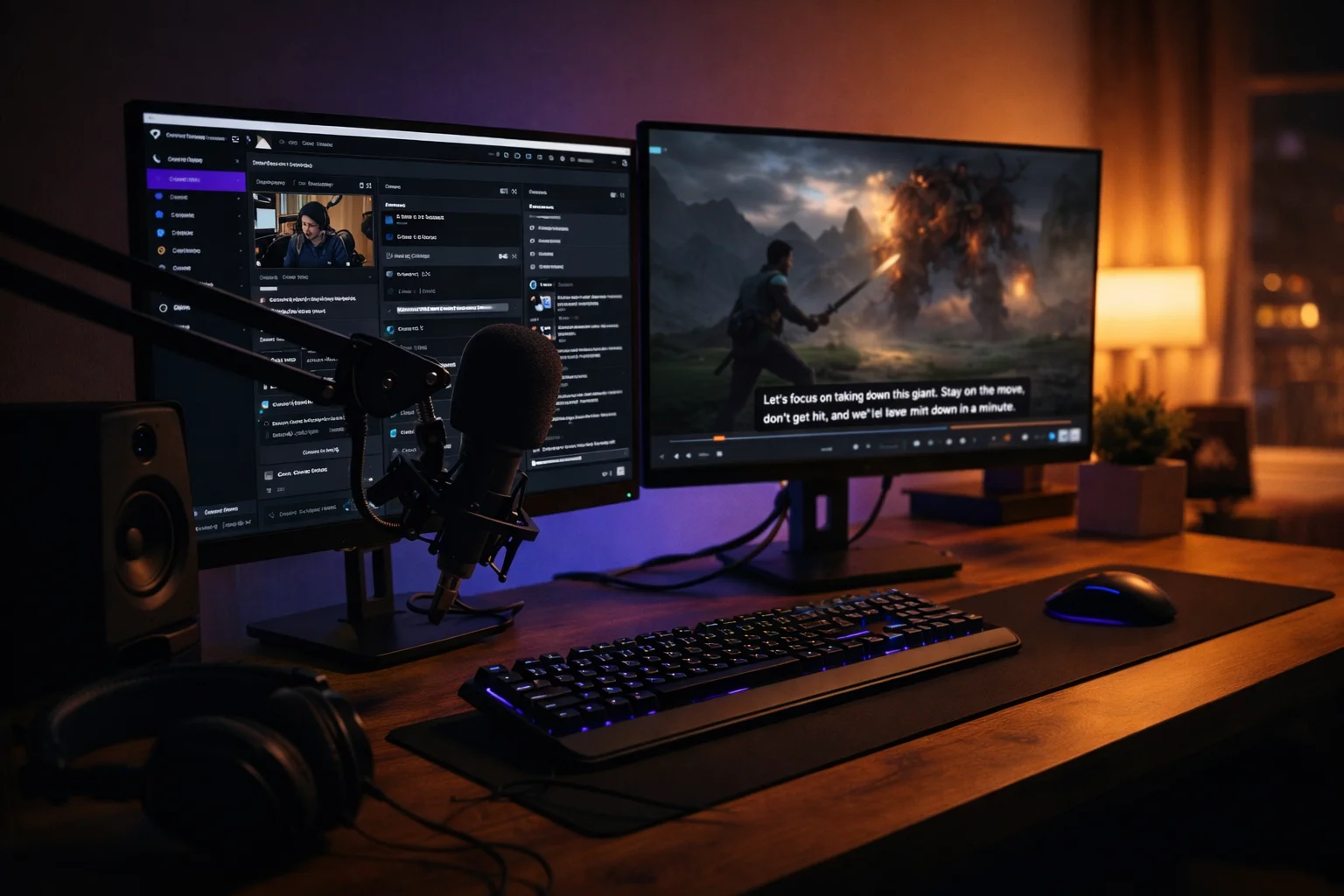 Streamer desk with mic and monitors showing a caption overlay preview.