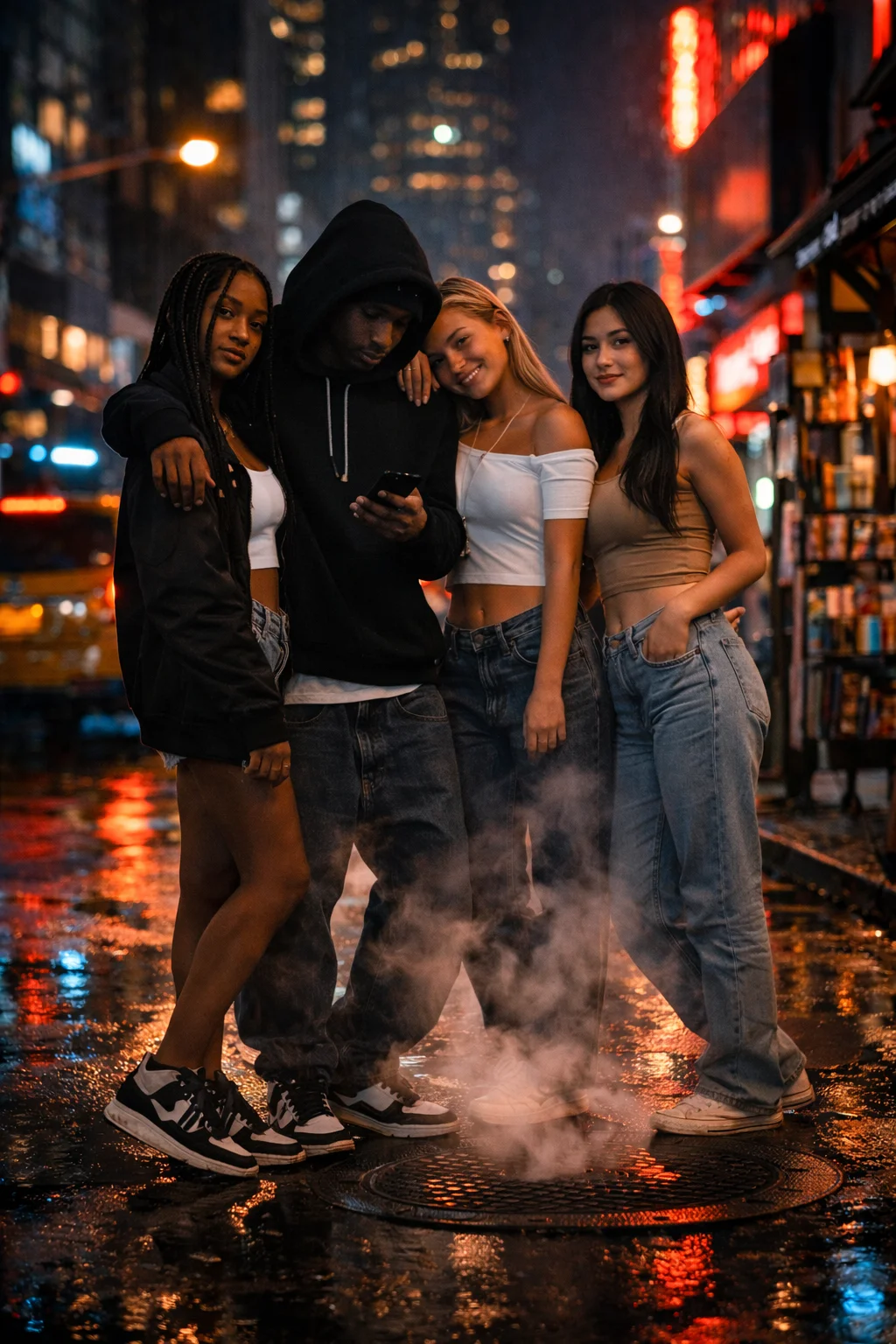 Person holding a phone on a neon-lit city street at night, showing a caption template workflow vibe.