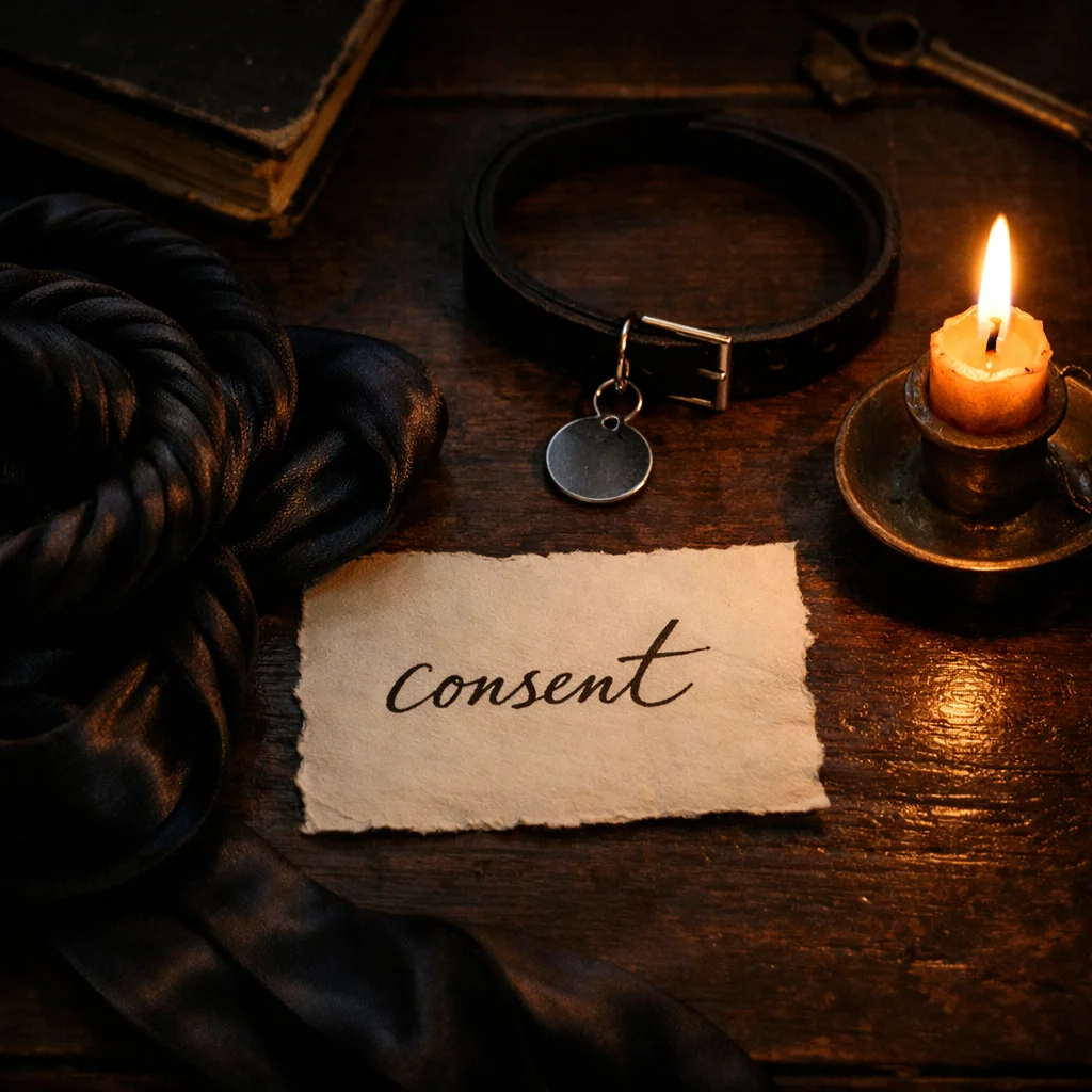 Silk rope and a small collar charm on a nightstand beside a note about consent in warm candlelight.