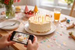 Bright birthday brunch table with a lit-candle cake, confetti, and a smartphone taking a photo in cozy natural light.