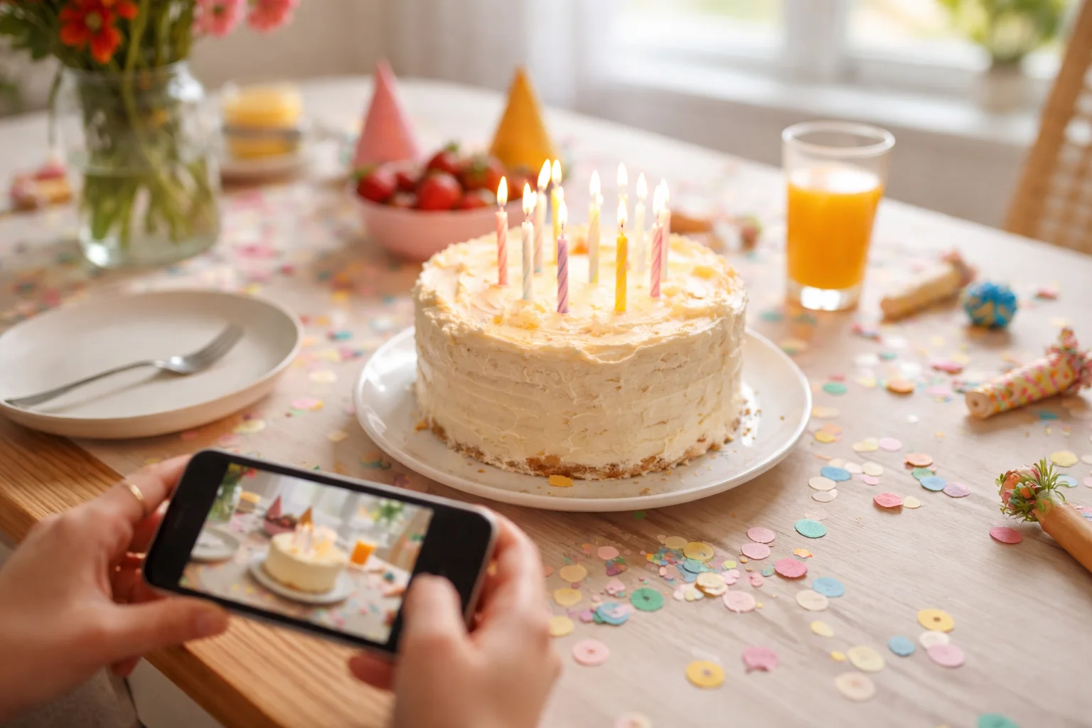Bright birthday brunch table with a lit-candle cake, confetti, and a smartphone taking a photo in cozy natural light.
