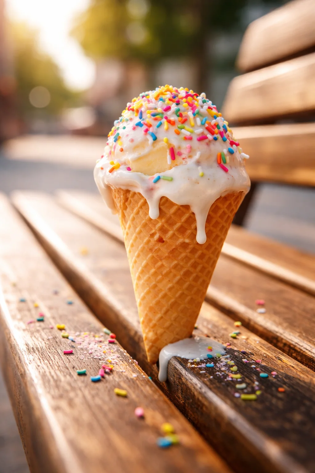 Melting ice cream cone with sprinkles in soft sunlight.