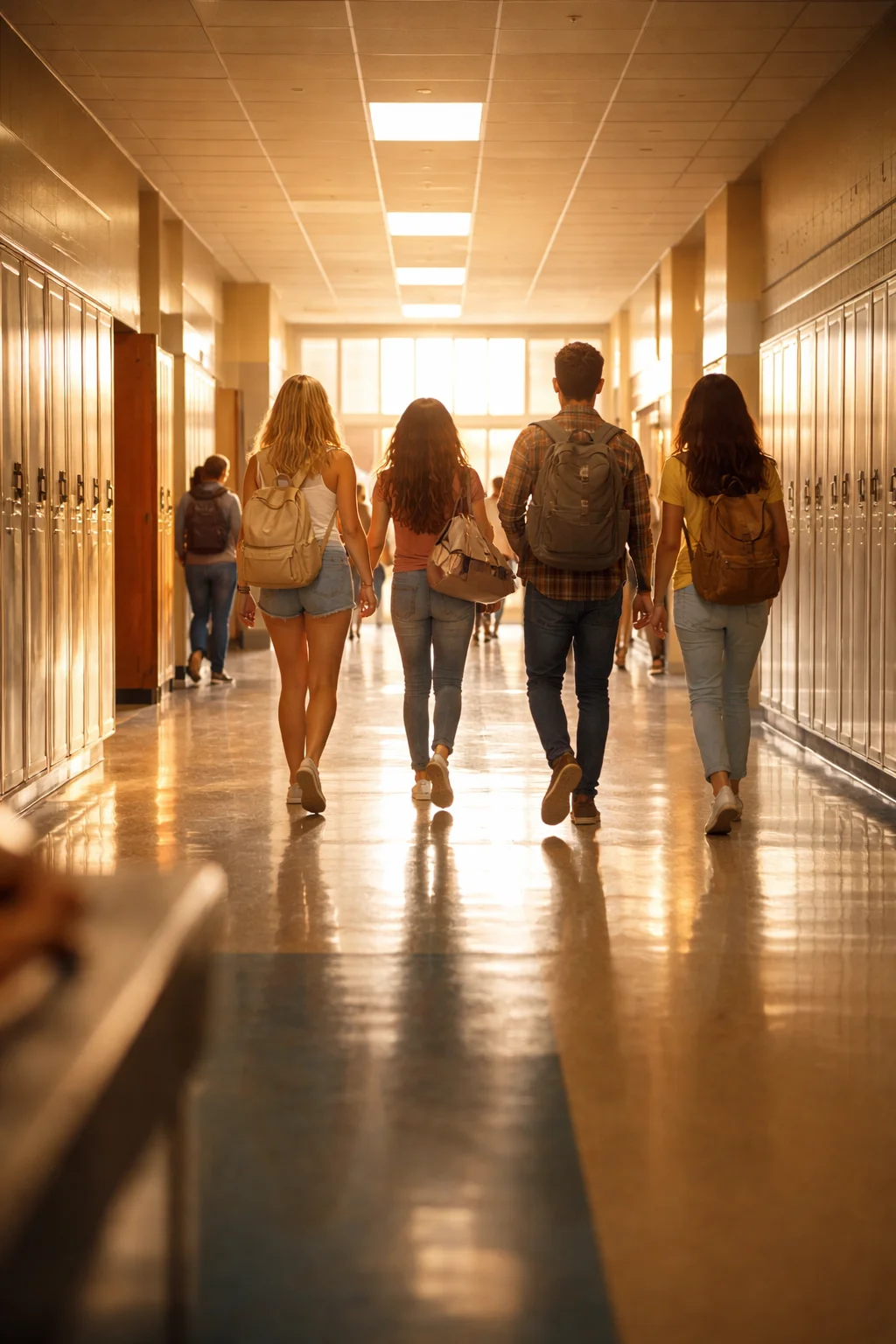 High school hallway at golden hour with students walking, senior-year nostalgia vibe