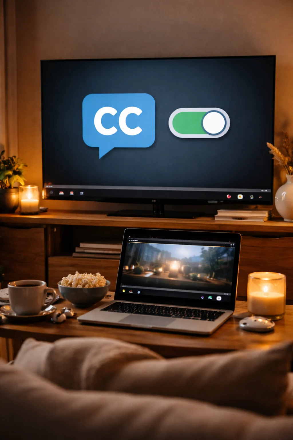 A TV and laptop displaying a generic captions toggle interface in a living room.
